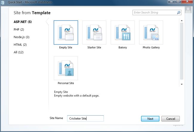 Create New Empty Site in Web Metrix